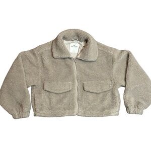 Hollister Fuzzy Sherpa‎ Cropped Jacket Size Large Beige Full Zip Collar Pockets